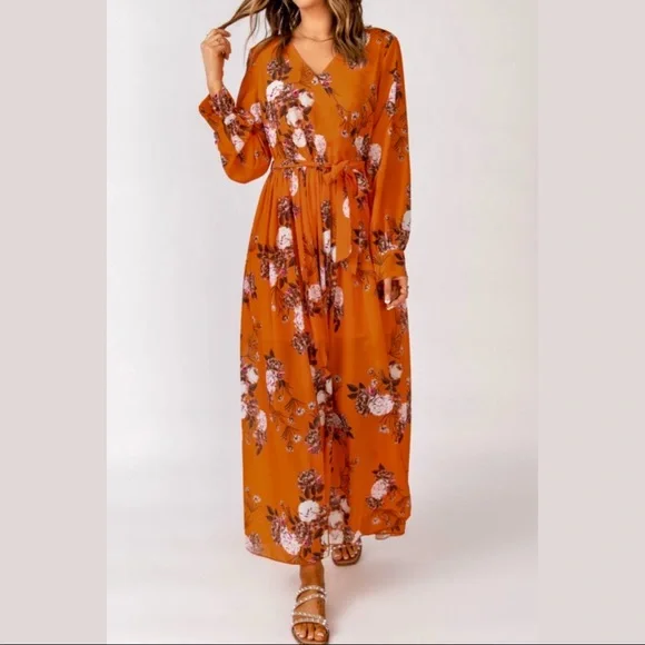 Orange Floral, V-Neck Maxi Dress - Picture 1 of 14